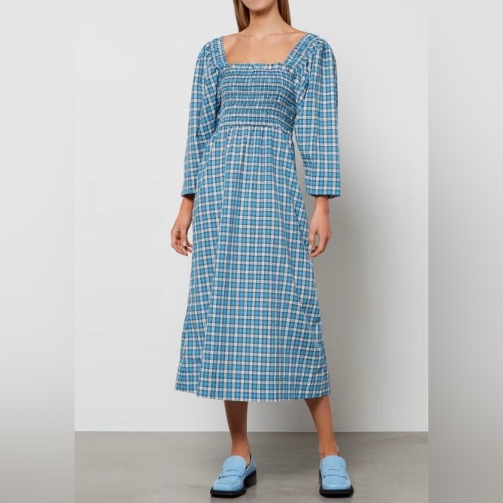 Ganni Blue Plaid Smocked Square-Neck Midi Dress